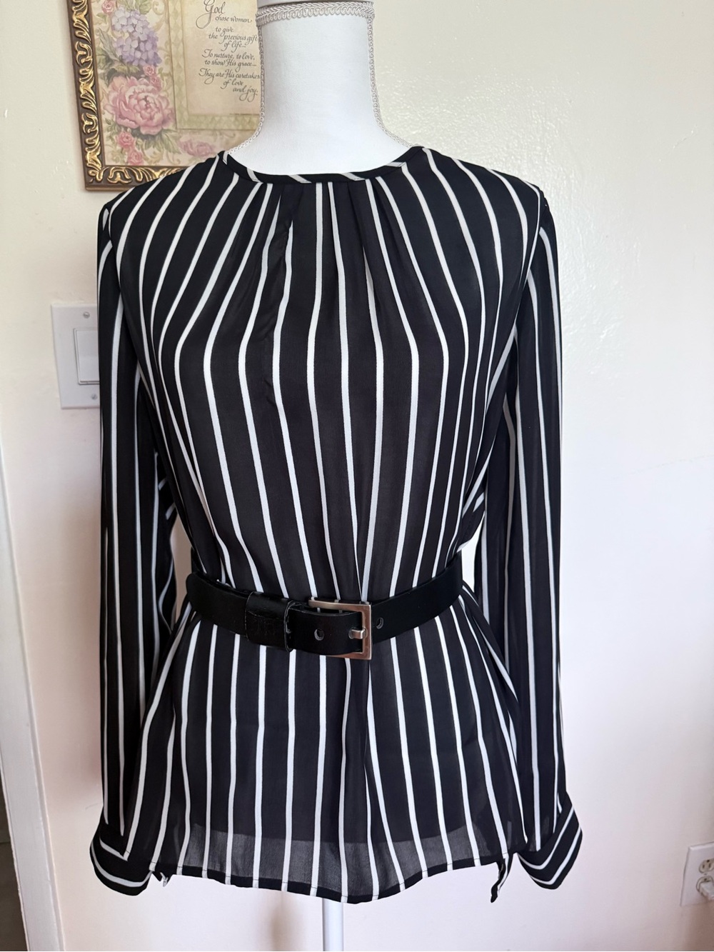 White House Black Market Black & White Vertical Stripe Blouse